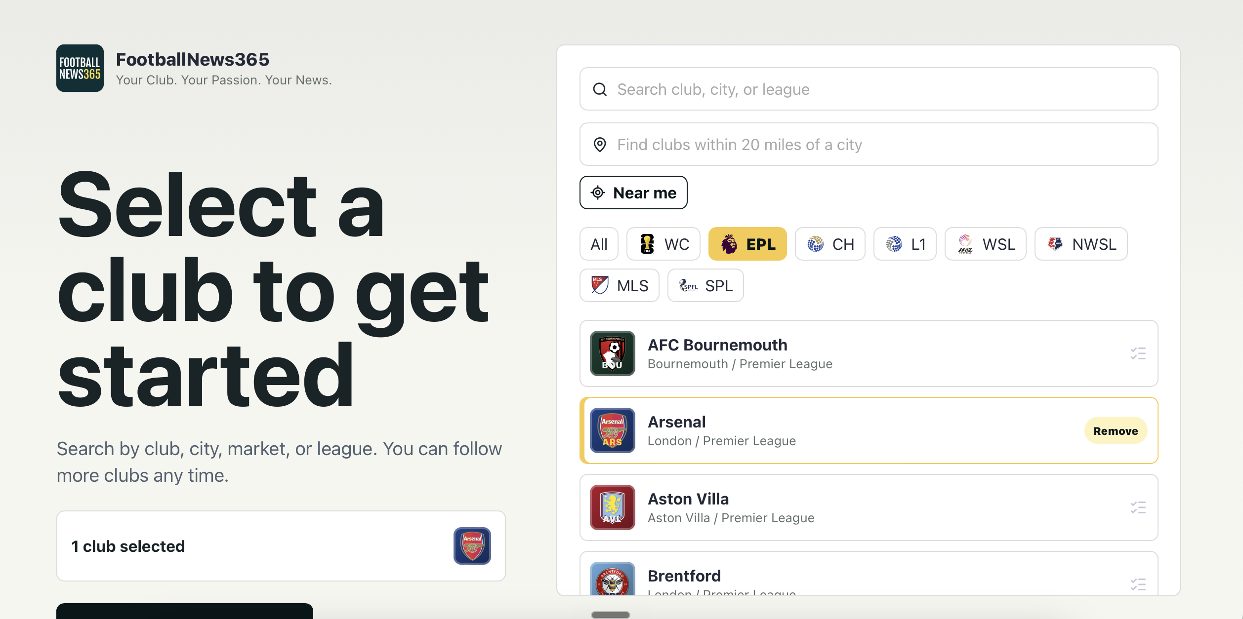 FN365 Web club selection screenshot