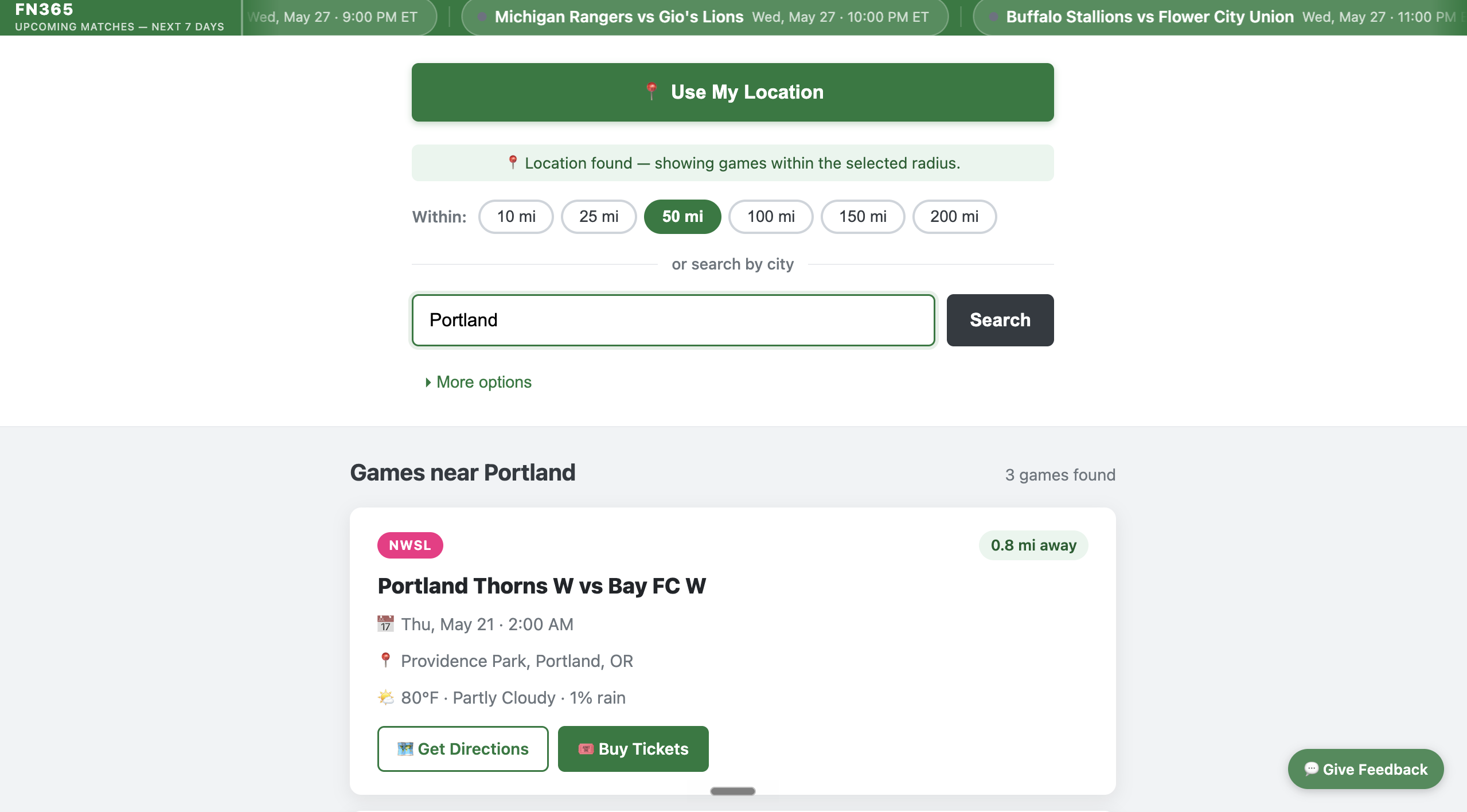 SoccerNearMe local match discovery screenshot